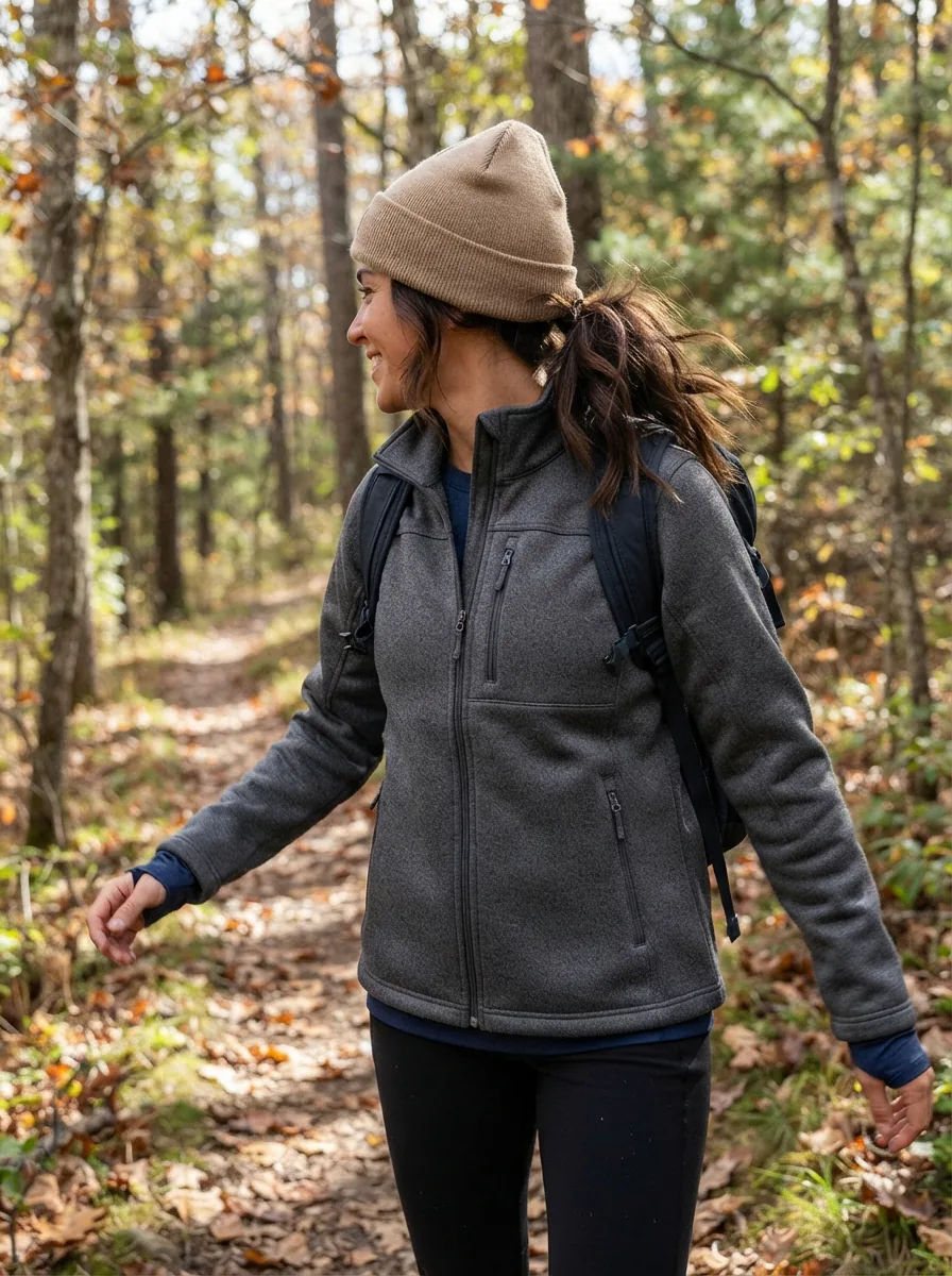 A person wearing a Swiss Tech jacket standing in a crisp outdoor setting