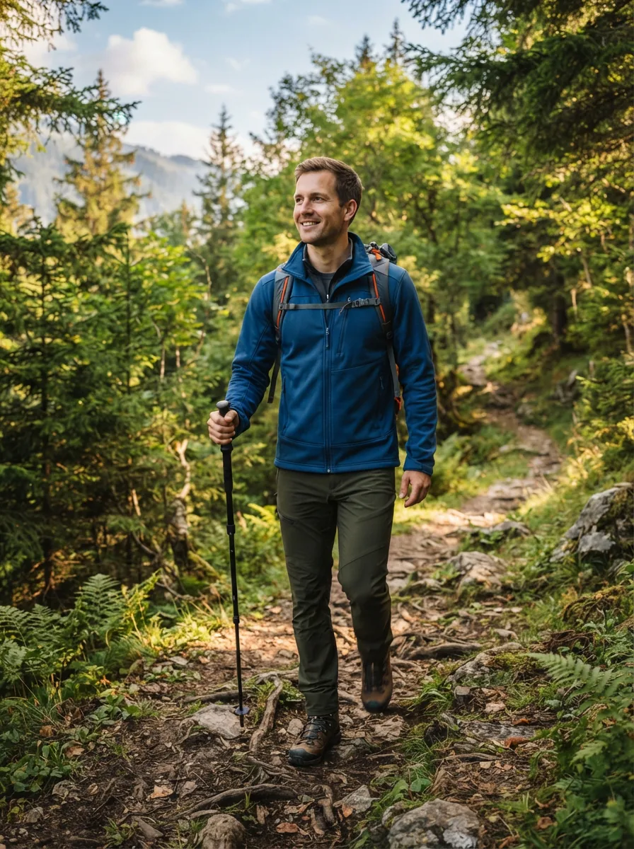 A man wearing a blue softshell Swiss Tech jacket while hiking on a forest trail
