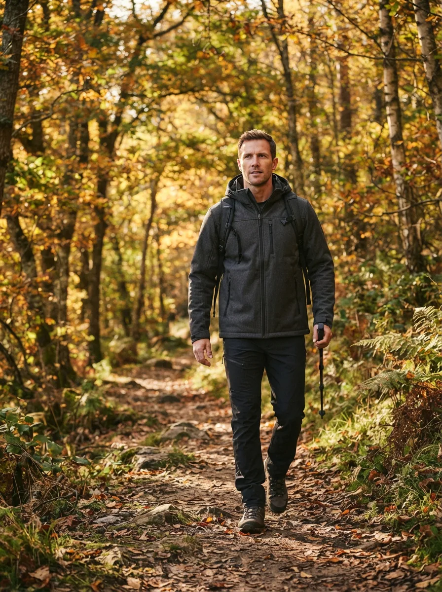 A man wearing a Swiss Tech jacket walking through a crisp autumn forest trail