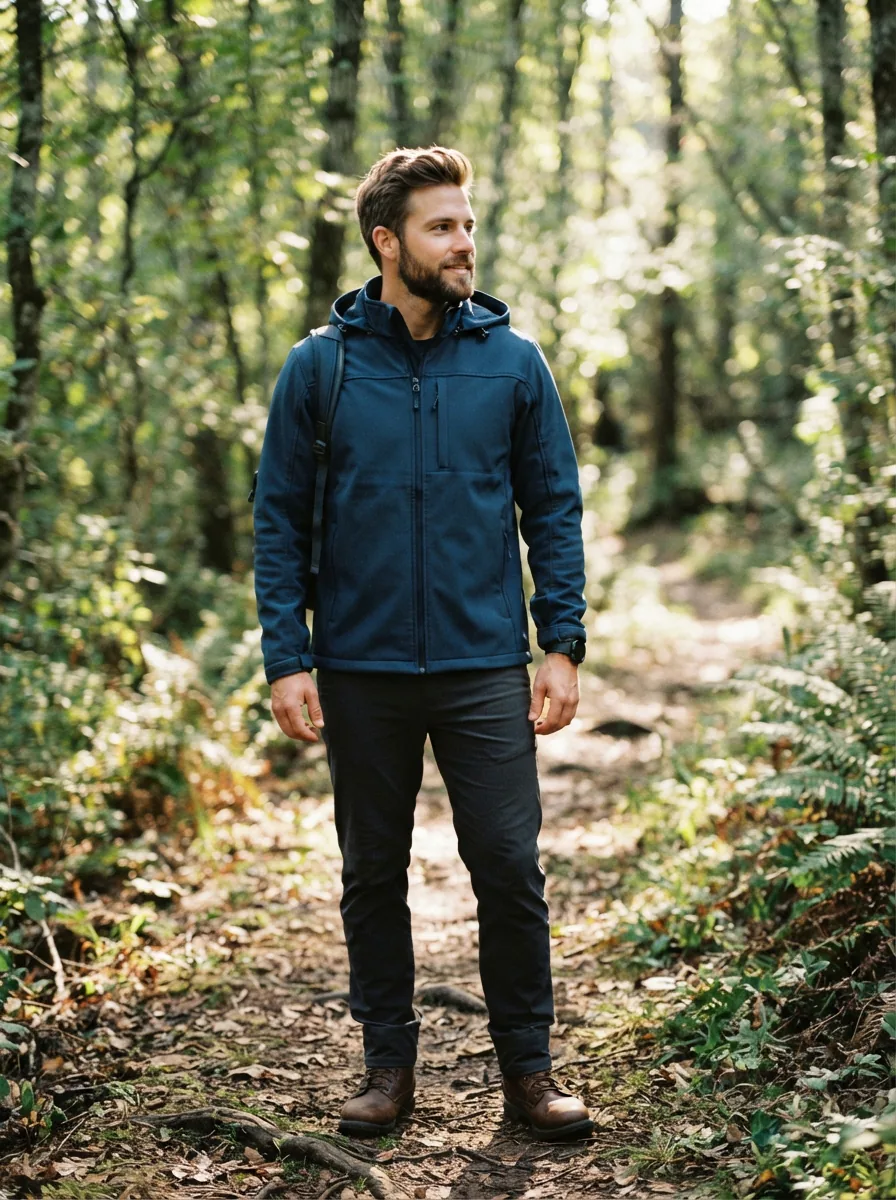 A man wearing a stylish Swiss Tech jacket standing outdoors, demonstrating its practical fit and design in a natural setting.
