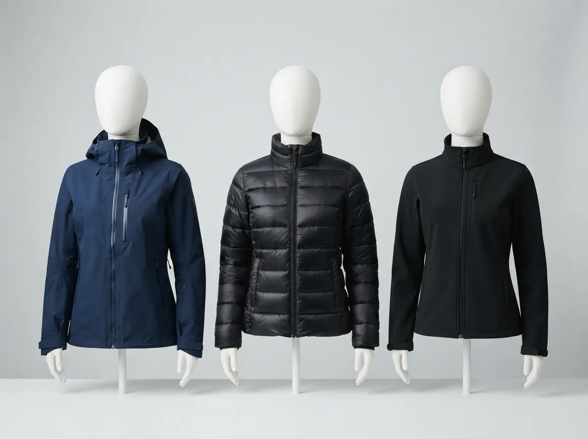 A side-by-side comparison of a waterproof jacket shell, an insulated puffer jacket, and a soft shell jacket on display forms.