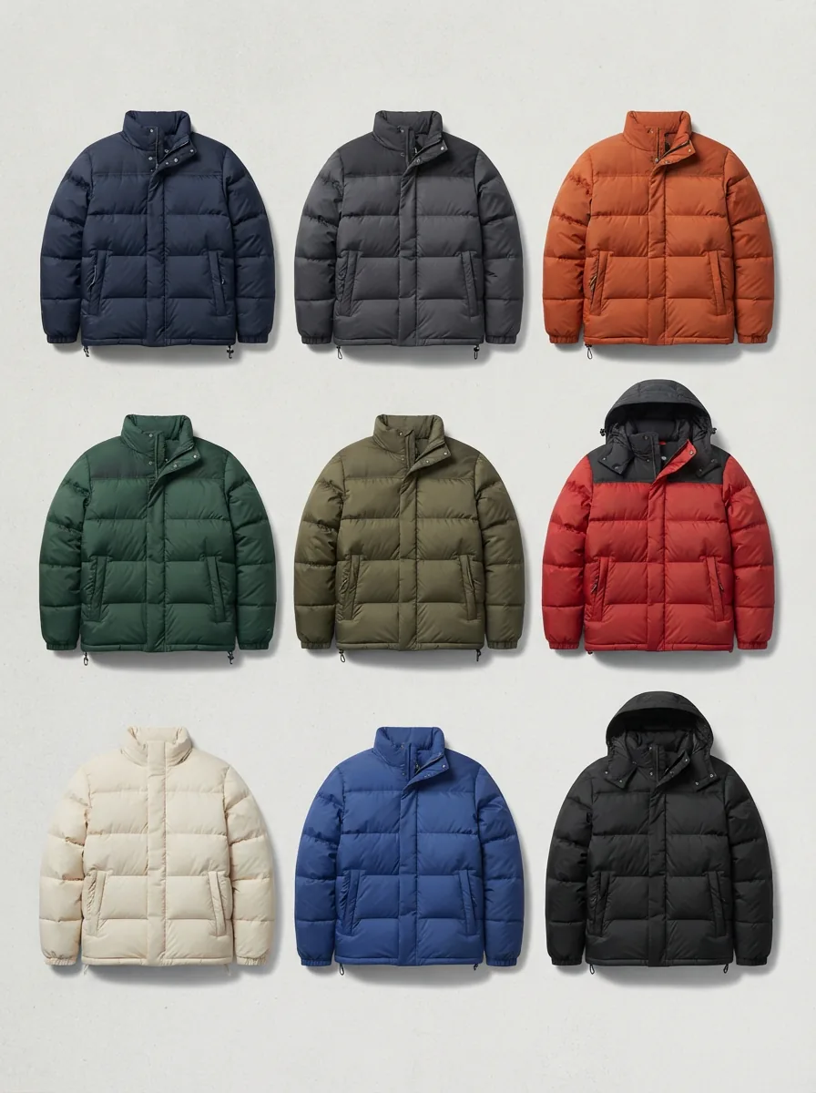 A lineup of various Swiss Tech puffer jackets in different colors and styles, displayed on a clean, neutral background.