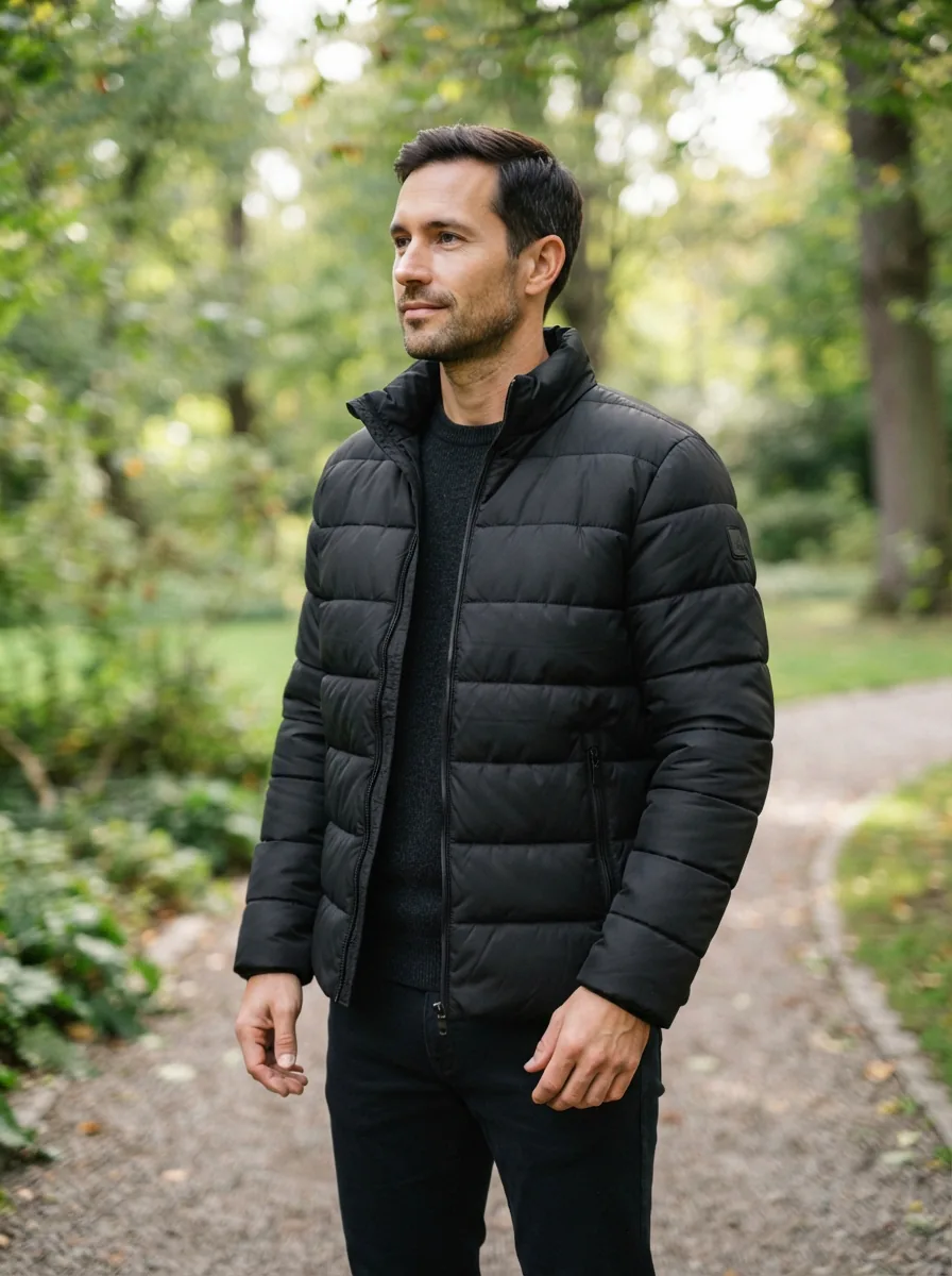 A man wearing a black Swiss Tech puffer jacket, standing outdoors in a light, leafy park setting, looking to the side.
