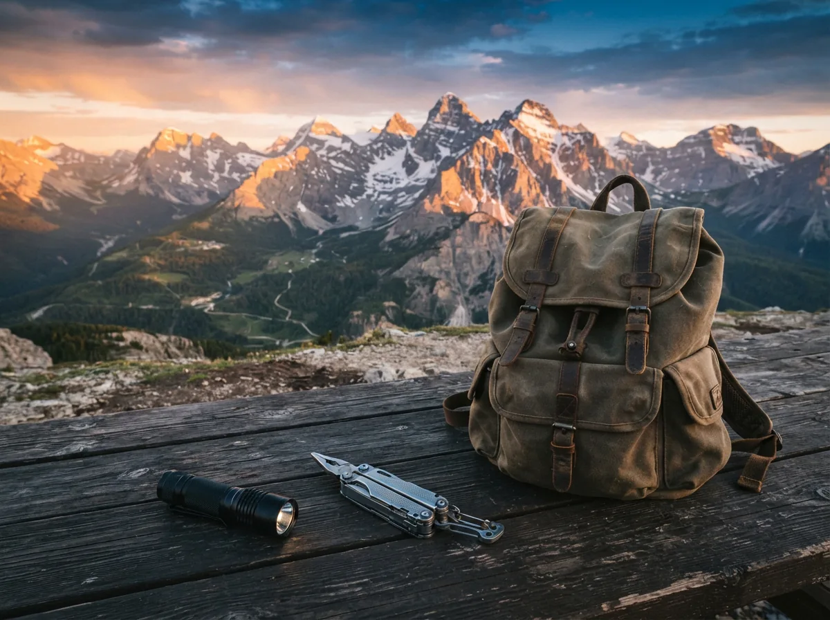 A rugged outdoor landscape at sunrise with Swiss Tech gear laid out on a weathered wooden table, including a flashlight, multi-tool, and backpack.