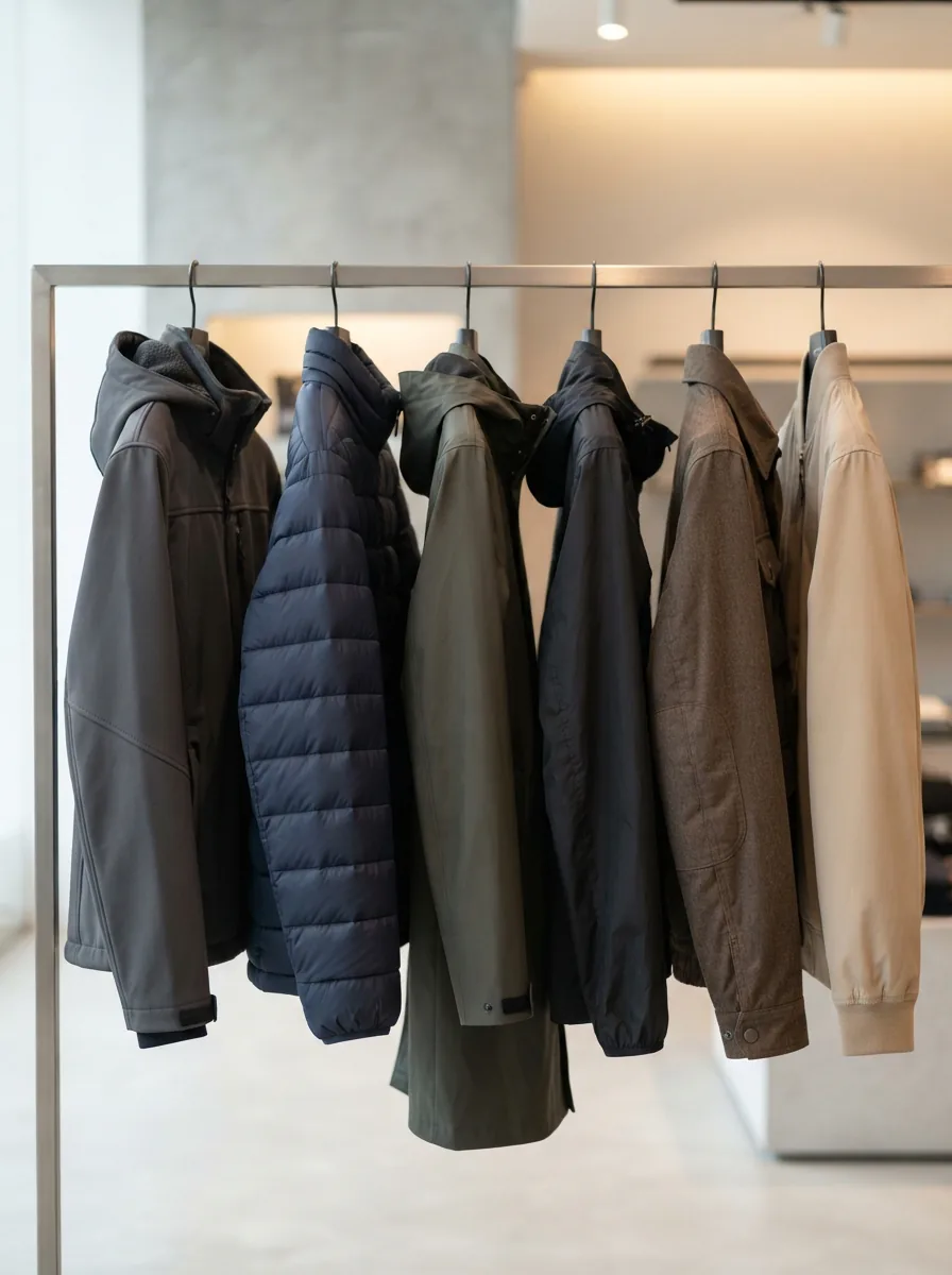 A selection of Swiss Tech men's jackets displayed in a clean, modern style.