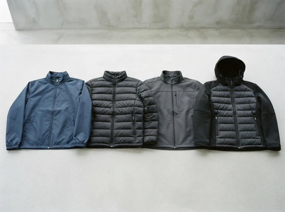 A selection of men's Swiss Tech jackets displayed side-by-side highlighting different styles, weights, and features.