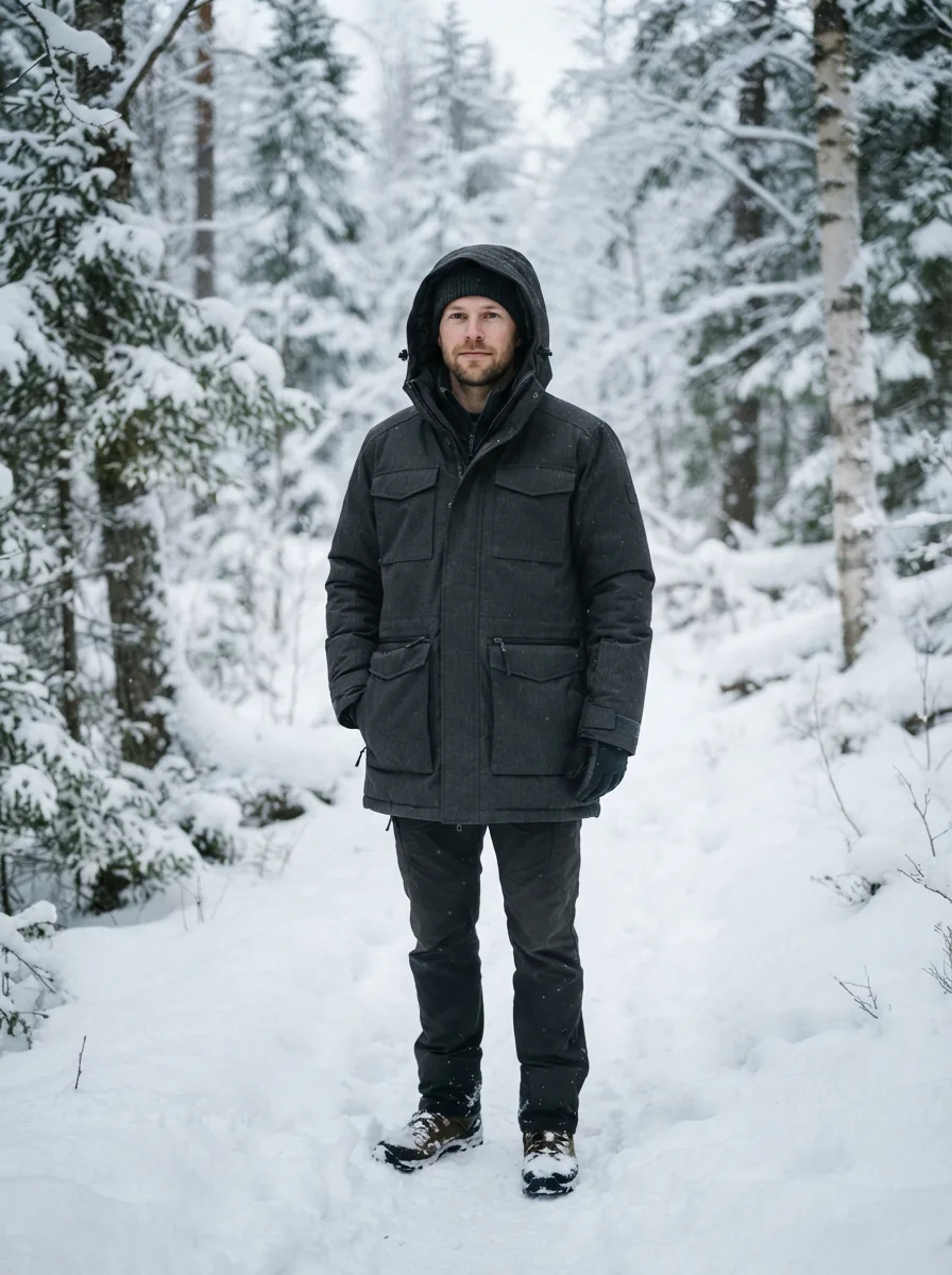 A person wearing a heavy-duty winter coat standing in a snowy, wooded landscape.