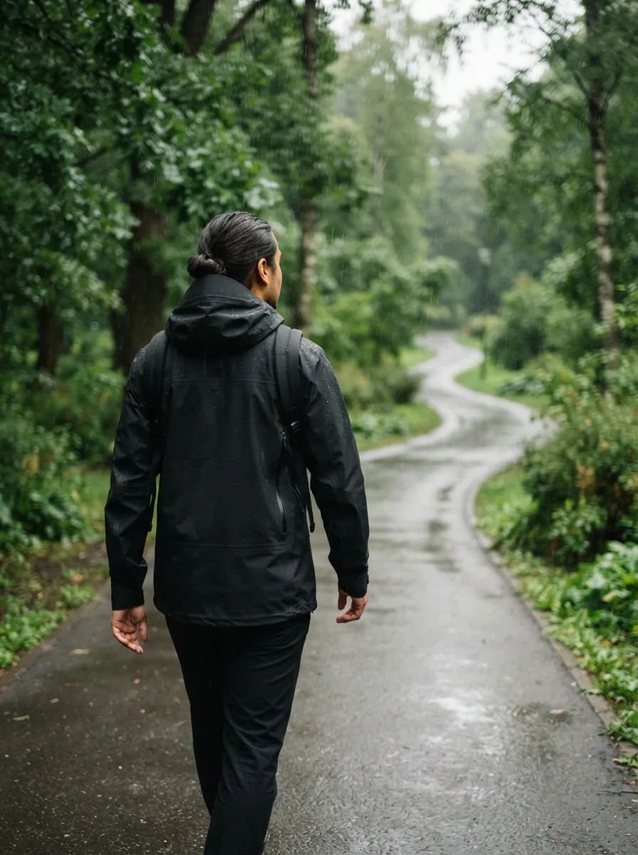 A person wearing a Swiss Tech waterproof jacket walking through a light rain in a city park