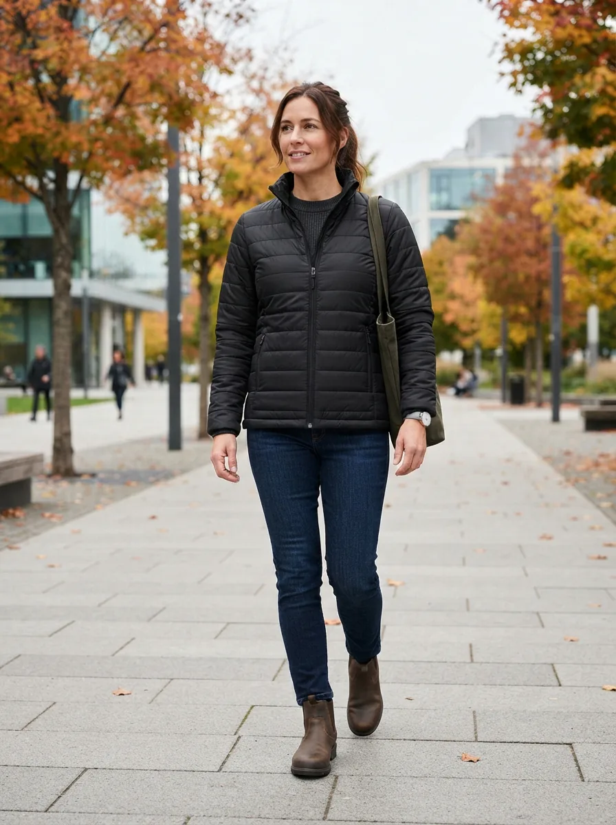A woman walking through a modern city park on a cool, overcast day, wearing a stylish black Swiss Tech jacket.